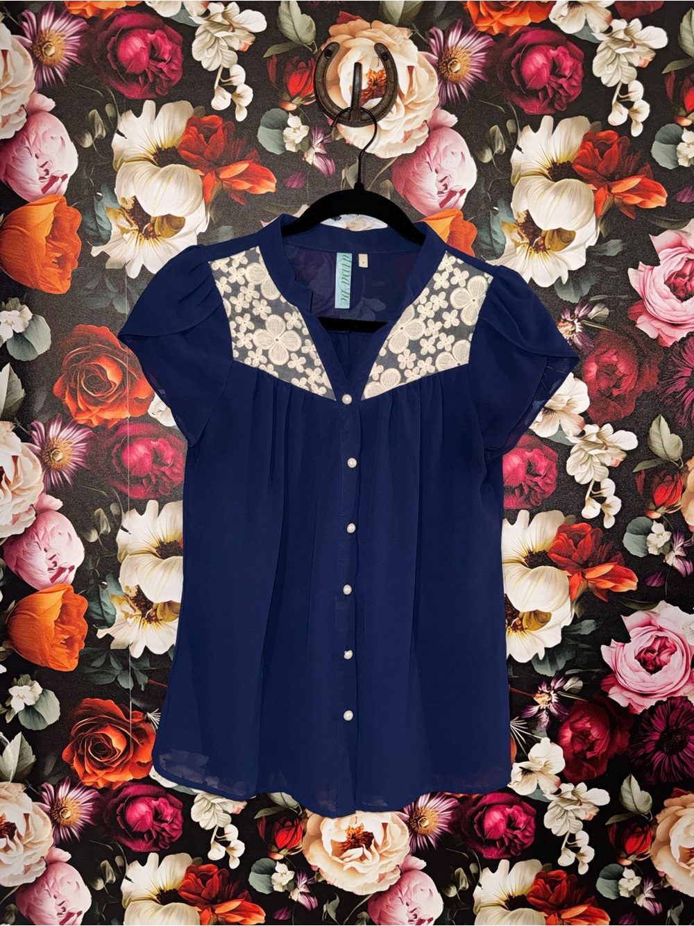 Navy Floral Lace-Yoke Details Blouse with Pearl Buttons, Small